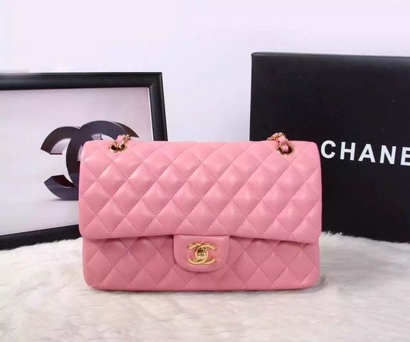 Chanel Classic Flap Bag Pink Lambskin Gold Chain for Sale