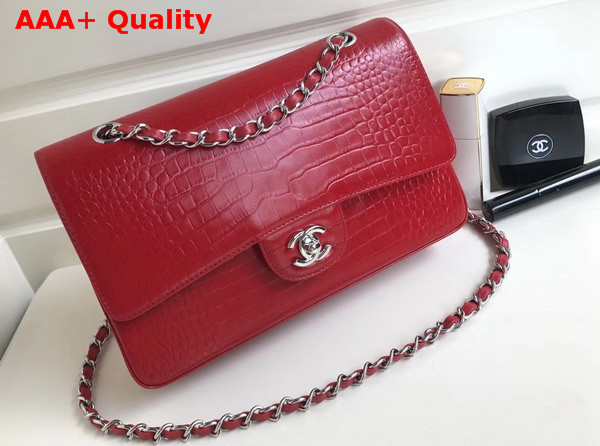 Chanel Classic Flap Bag Red Alligator Silver Hardware Replica