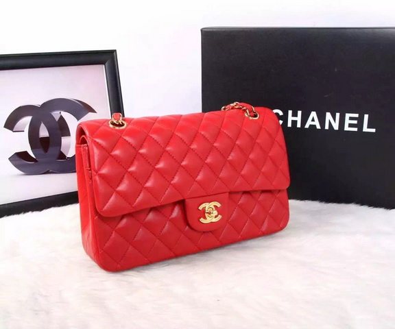 Chanel Classic Flap Bag Red Lambskin Gold Chain for Sale