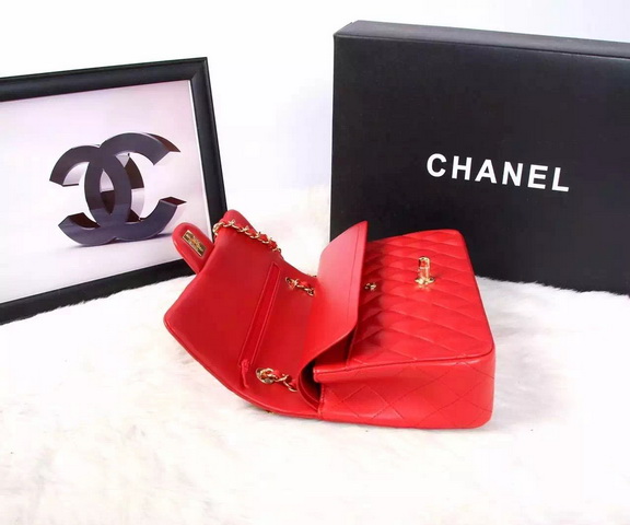 Chanel Classic Flap Bag Red Lambskin Gold Chain for Sale