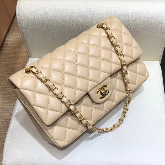 Chanel Classic Flap Bag in Apricot Lambskin with Gold Tone Metal Real Leather Lining