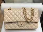 Chanel Classic Flap Bag in Apricot Lambskin with Gold Tone Metal Real Leather Lining