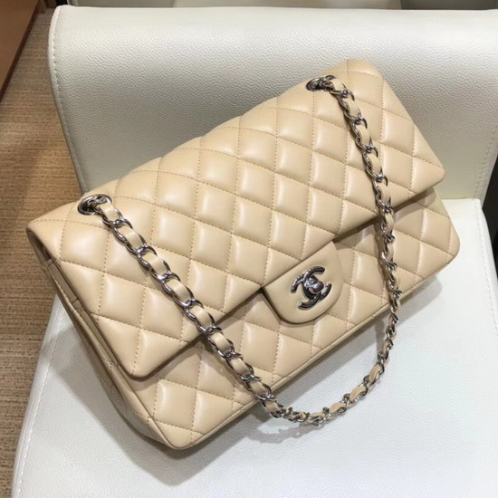 Chanel Classic Flap Bag in Apricot Lambskin with Silver Tone Metal Real Leather Lining