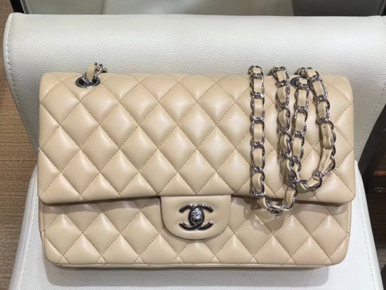 Chanel Classic Flap Bag in Apricot Lambskin with Silver Tone Metal Real Leather Lining