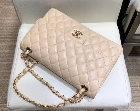 Chanel Classic Flap Bag in Beige Grained Calfskin with Gold Tone Metal