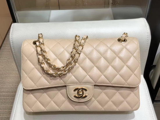 Chanel Classic Flap Bag in Beige Grained Calfskin with Gold Tone Metal