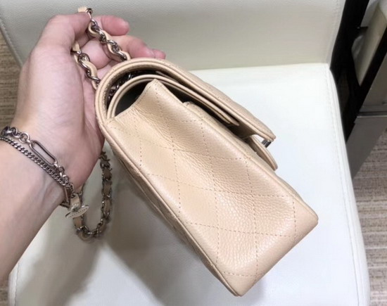 Chanel Classic Flap Bag in Beige Grained Calfskin with Silver Tone Metal