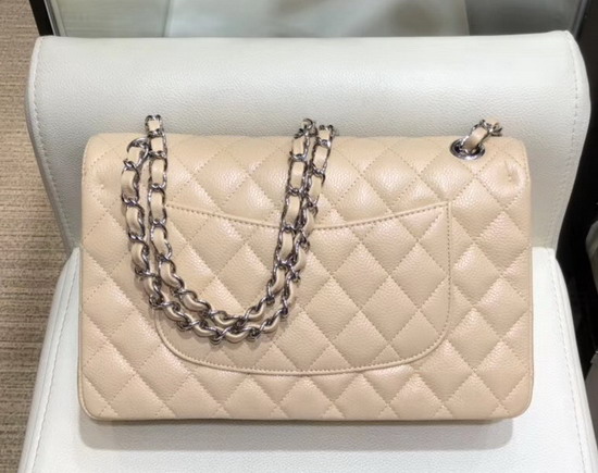 Chanel Classic Flap Bag in Beige Grained Calfskin with Silver Tone Metal