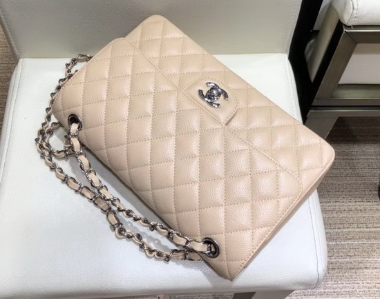 Chanel Classic Flap Bag in Beige Grained Calfskin with Silver Tone Metal