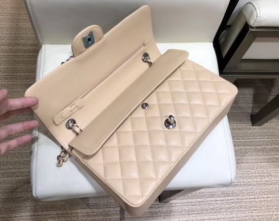 Chanel Classic Flap Bag in Beige Grained Calfskin with Silver Tone Metal