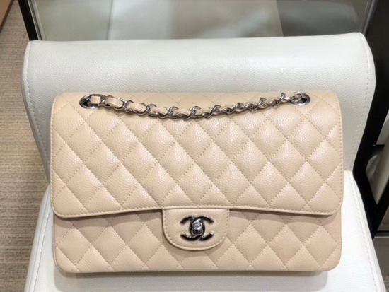 Chanel Classic Flap Bag in Beige Grained Calfskin with Silver Tone Metal