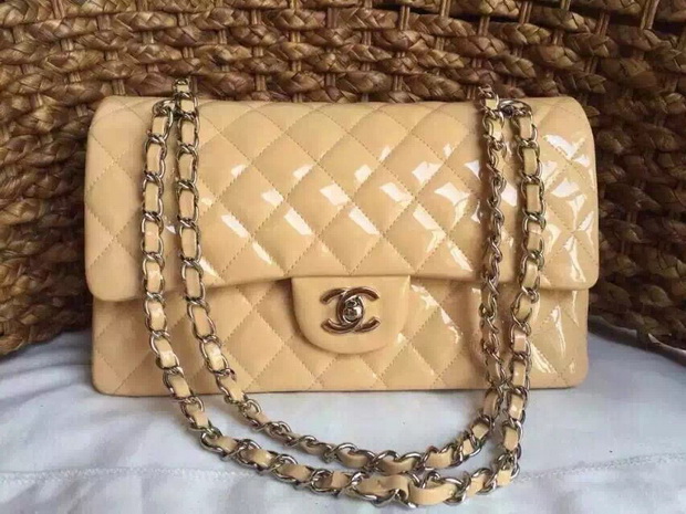 Chanel Classic Flap Bag in Beige Patent Leather Gold Chain for Sale