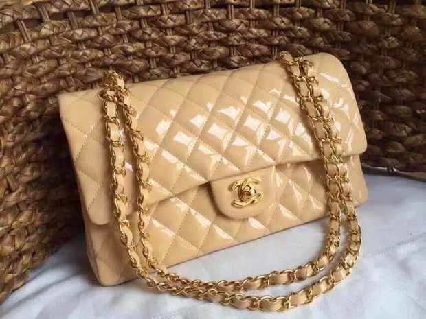 Chanel Classic Flap Bag in Beige Patent Leather Gold Chain for Sale