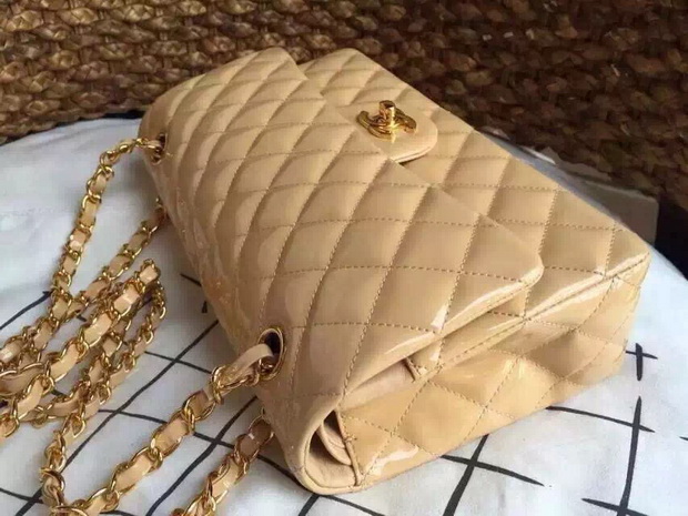 Chanel Classic Flap Bag in Beige Patent Leather Gold Chain for Sale