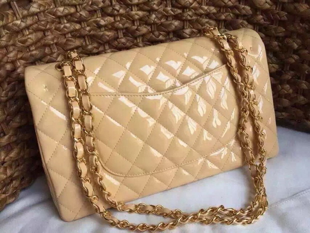 Chanel Classic Flap Bag in Beige Patent Leather Gold Chain for Sale