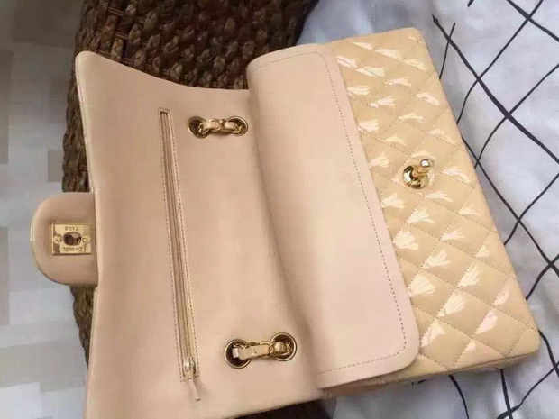 Chanel Classic Flap Bag in Beige Patent Leather Gold Chain for Sale