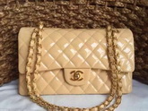 Chanel Classic Flap Bag in Beige Patent Leather Gold Chain for Sale