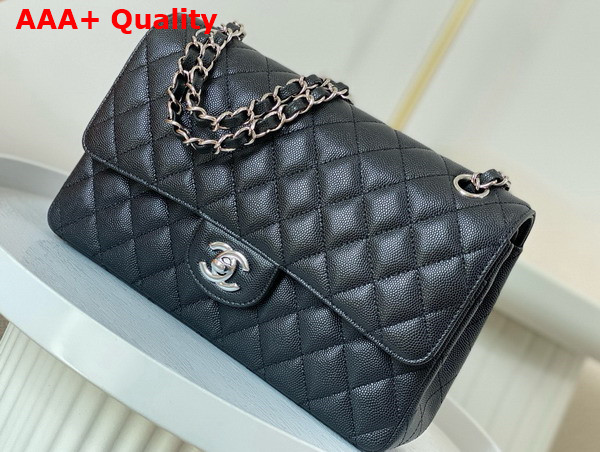 Chanel Classic Flap Bag in Black Grained Calfskin Silver Tone Metal Replica