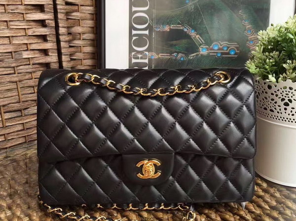 Chanel Classic Flap Bag in Black Lambskin with Gold Hardware For Sale