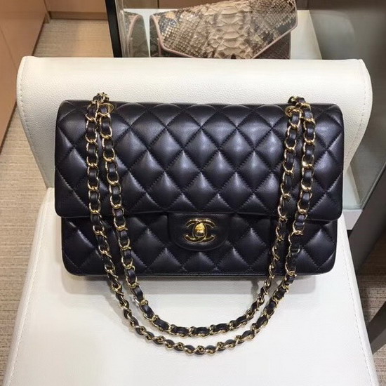 Chanel Classic Flap Bag in Black Lambskin with Gold Tone Metal Real Leather Lining