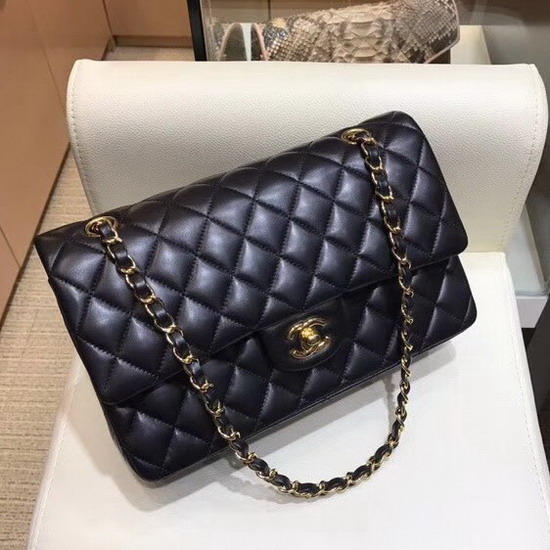 Chanel Classic Flap Bag in Black Lambskin with Gold Tone Metal Real Leather Lining