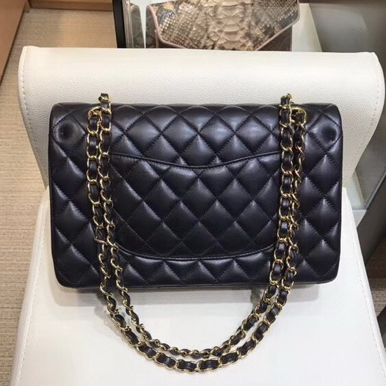 Chanel Classic Flap Bag in Black Lambskin with Gold Tone Metal Real Leather Lining