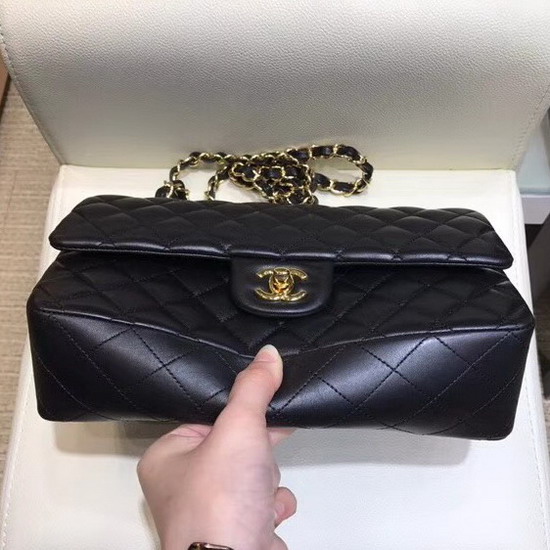 Chanel Classic Flap Bag in Black Lambskin with Gold Tone Metal Real Leather Lining