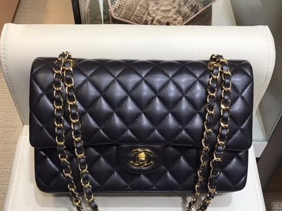 Chanel Classic Flap Bag in Black Lambskin with Gold Tone Metal Real Leather Lining