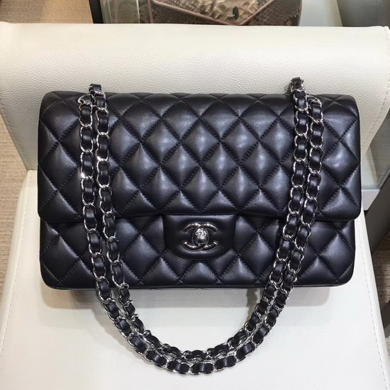 Chanel Classic Flap Bag in Black Lambskin with Silver Tone Metal Real Leather Lining