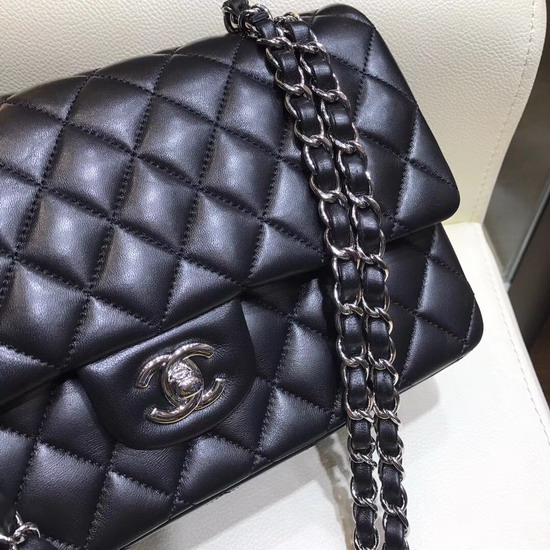 Chanel Classic Flap Bag in Black Lambskin with Silver Tone Metal Real Leather Lining