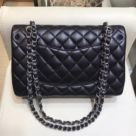 Chanel Classic Flap Bag in Black Lambskin with Silver Tone Metal Real Leather Lining