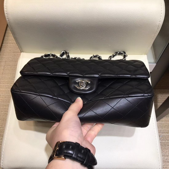 Chanel Classic Flap Bag in Black Lambskin with Silver Tone Metal Real Leather Lining