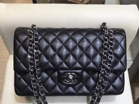 Chanel Classic Flap Bag in Black Lambskin with Silver Tone Metal Real Leather Lining