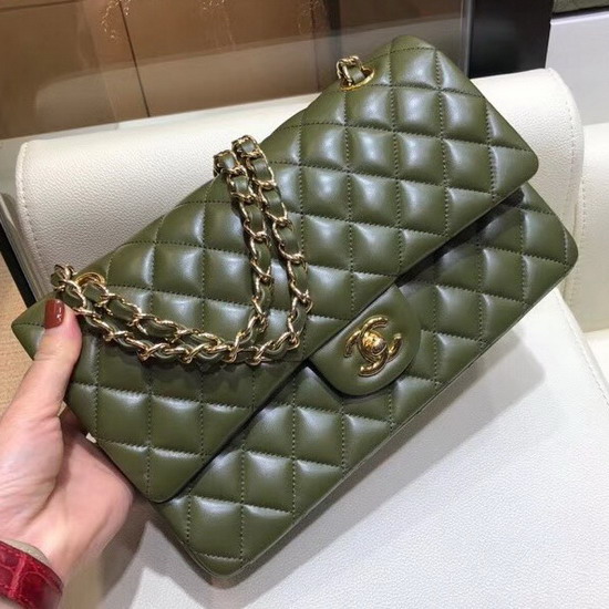 Chanel Classic Flap Bag in Dark Green Lambskin with Gold Tone Metal Real Leather Lining