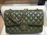 Chanel Classic Flap Bag in Dark Green Lambskin with Gold Tone Metal Real Leather Lining