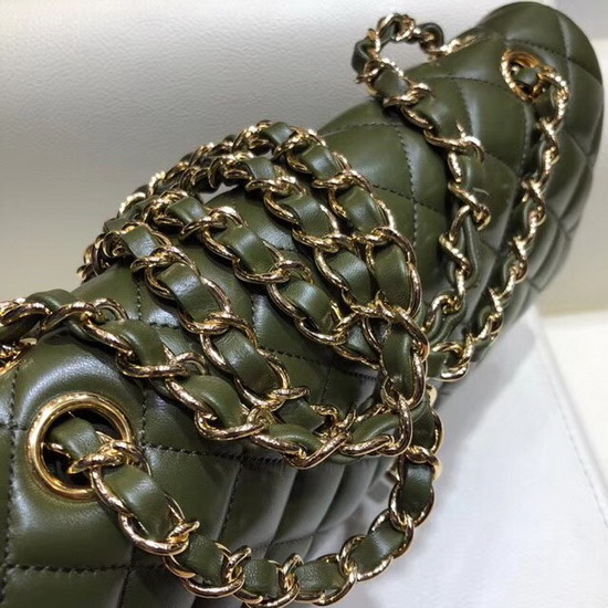 Chanel Classic Flap Bag in Dark Green Lambskin with Gold Tone Metal Real Leather Lining