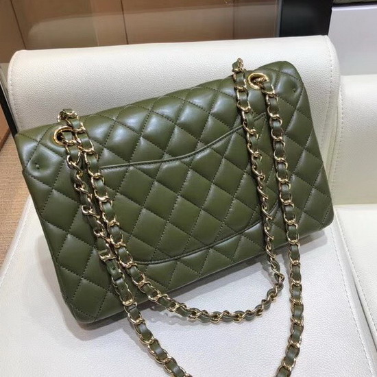 Chanel Classic Flap Bag in Dark Green Lambskin with Gold Tone Metal Real Leather Lining