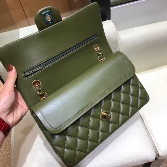 Chanel Classic Flap Bag in Dark Green Lambskin with Gold Tone Metal Real Leather Lining