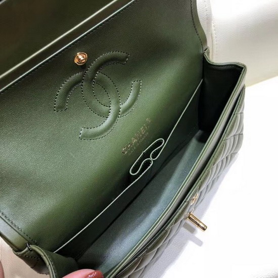 Chanel Classic Flap Bag in Dark Green Lambskin with Gold Tone Metal Real Leather Lining