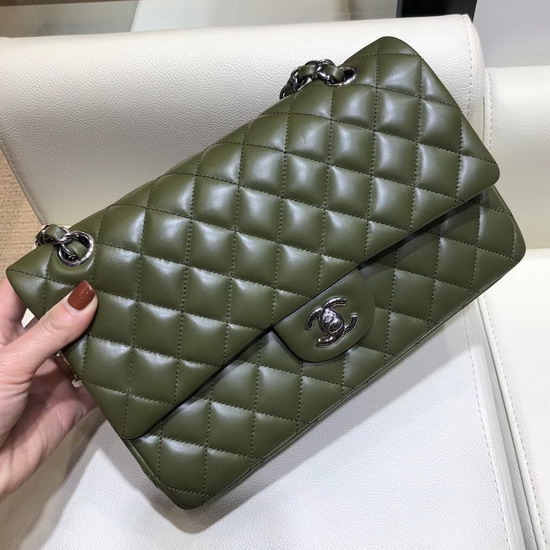 Chanel Classic Flap Bag in Dark Green Lambskin with Silver Tone Metal Real Leather Lining