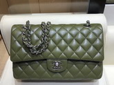 Chanel Classic Flap Bag in Dark Green Lambskin with Silver Tone Metal Real Leather Lining