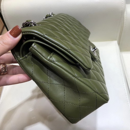 Chanel Classic Flap Bag in Dark Green Lambskin with Silver Tone Metal Real Leather Lining