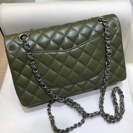 Chanel Classic Flap Bag in Dark Green Lambskin with Silver Tone Metal Real Leather Lining