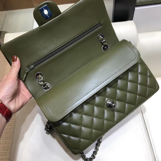 Chanel Classic Flap Bag in Dark Green Lambskin with Silver Tone Metal Real Leather Lining