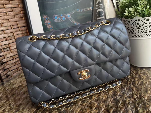 Chanel Classic Flap Bag in Dark Grey Lambskin with Gold Hardware For Sale