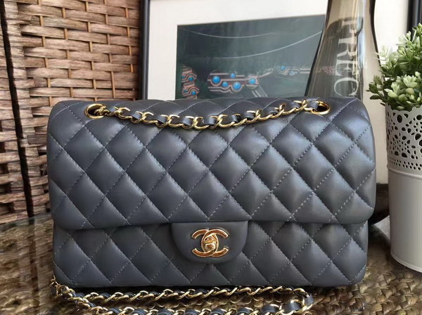 Chanel Classic Flap Bag in Dark Grey Lambskin with Gold Hardware For Sale