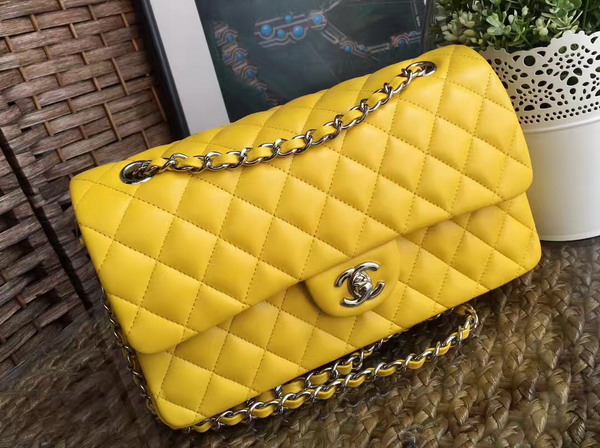 Chanel Classic Flap Bag in Lemon Yellow Lambskin with Silver Hardware For Sale