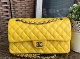 Chanel Classic Flap Bag in Lemon Yellow Lambskin with Silver Hardware For Sale