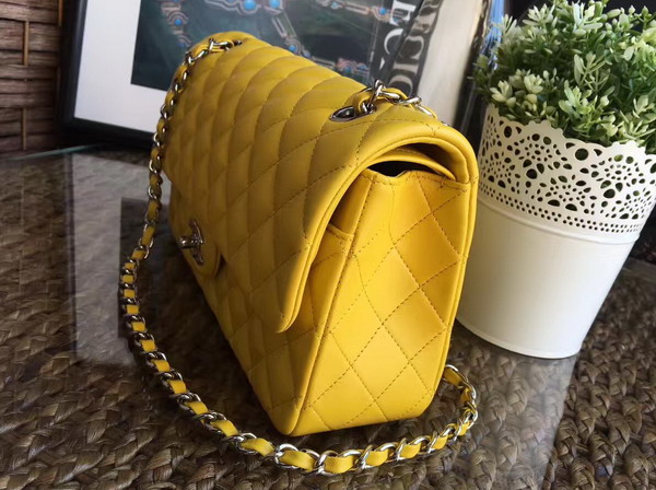 Chanel Classic Flap Bag in Lemon Yellow Lambskin with Silver Hardware For Sale