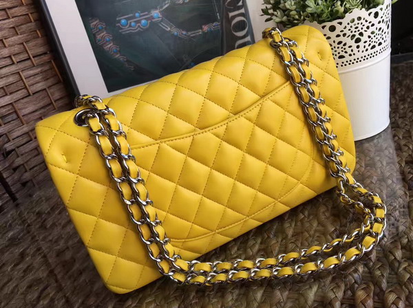 Chanel Classic Flap Bag in Lemon Yellow Lambskin with Silver Hardware For Sale